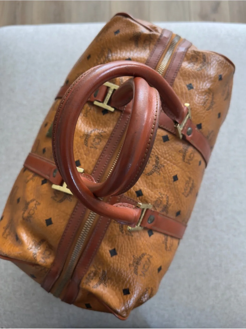 MCM Cognac Brown Visetos Monogram Duffel Bag